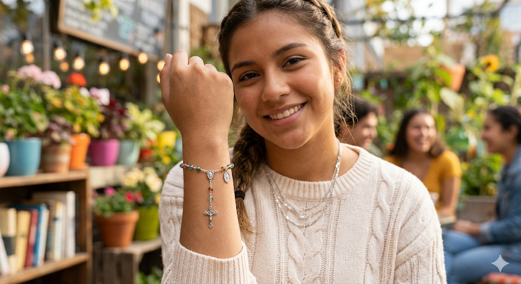 Joven luciendo una pulsera rosario de Gracia Infinita